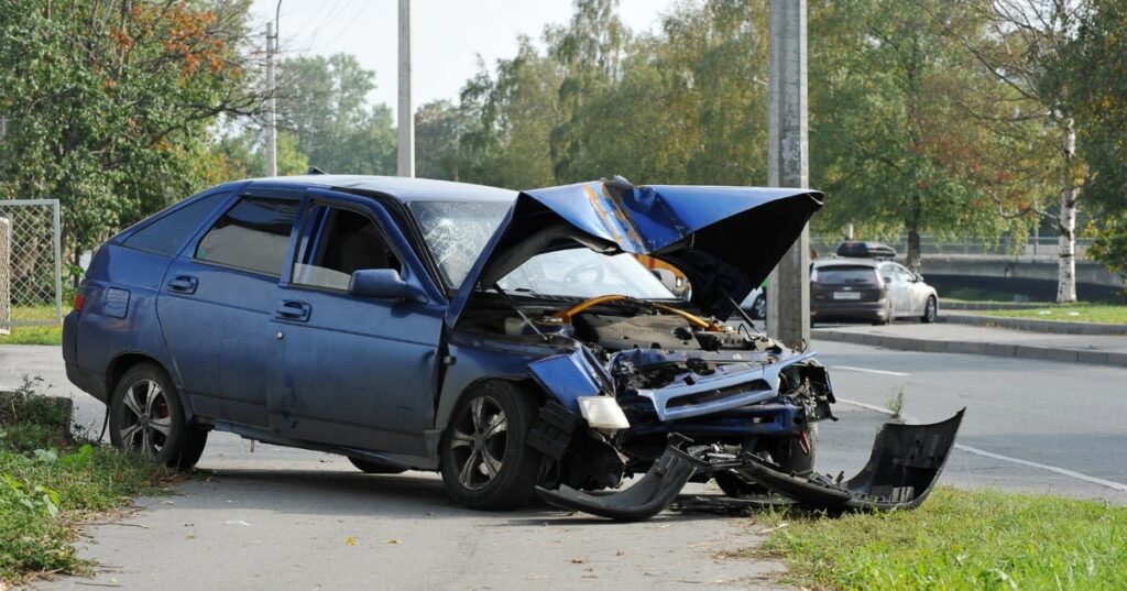 A blue car after an accident in Kentucky