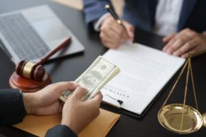 A close-up view of a young lawyer signing a contract after finalizing a deal with his client.