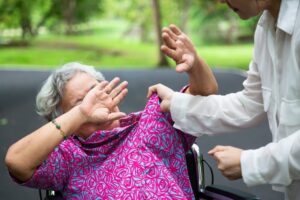 An elderly Asian woman is the victim of physical abuse in an outdoor park, as an angry young woman raises her fist in a threatening manner, symbolizing a call to stop the abuse of seniors.