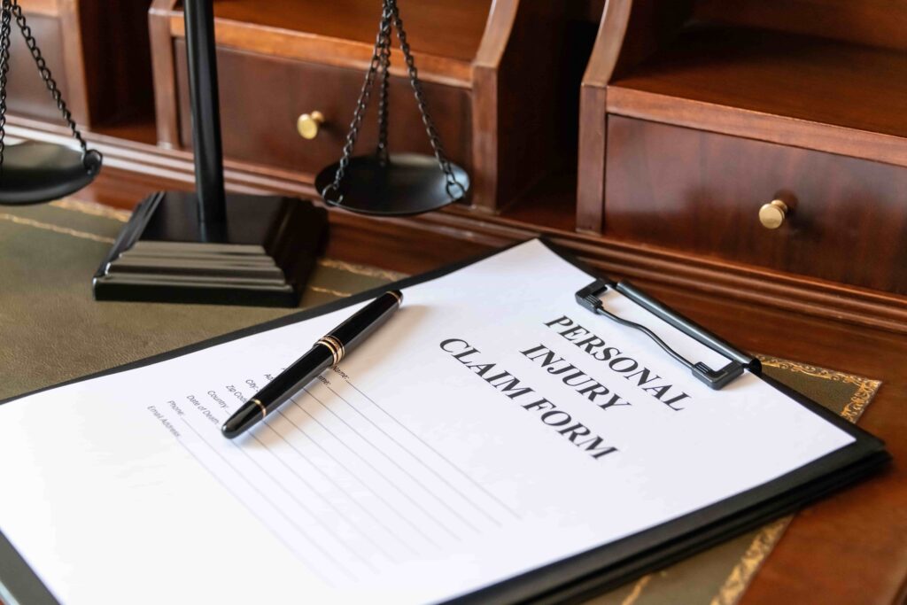 Personal injury claim form with pen on lawyer’s desk beside scales of justice.