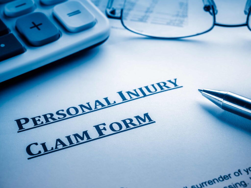 Personal injury claim form with pen, calculator, and glasses on desk.